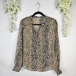 Cato Leopard Print Blouse Sheer Gold Metallic Thread Long Sleeve Size Large